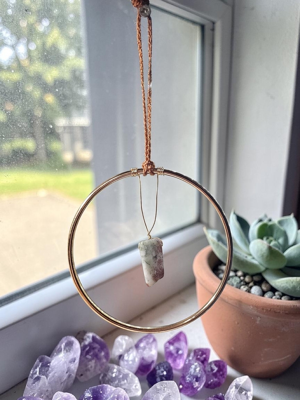 Gold Ring Pendant Home Decor with Stone Charm - Green and Pink Tones